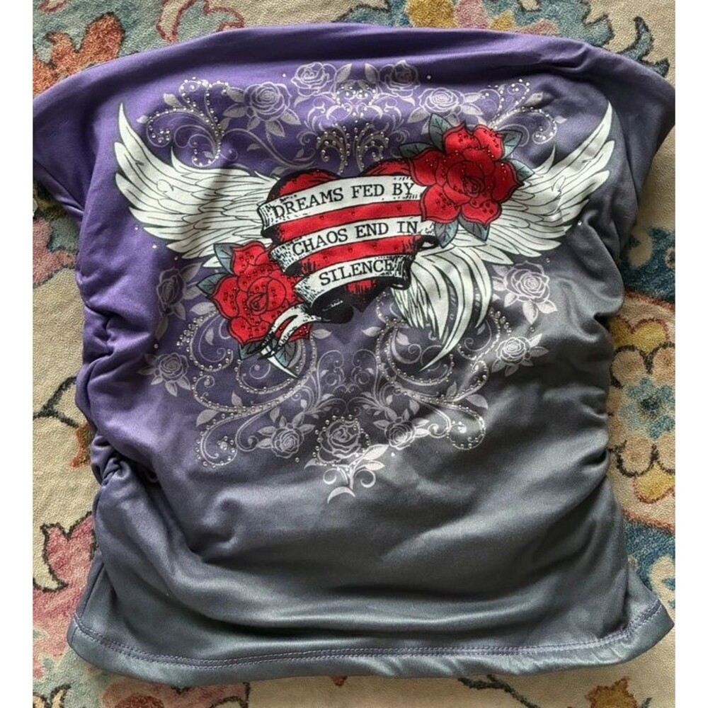 Forever 21 Purple Gray Rhinestone Rose Graphic Strapless Tube Top M